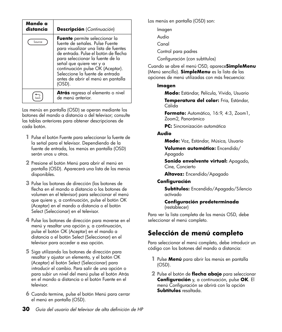 Selección de menú completo | HP LT3700 User Manual | Page 174 / 200
