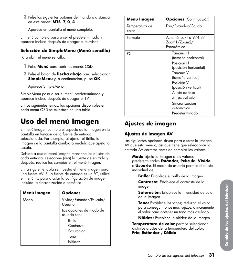 Uso del menú imagen, Ajustes de imagen | HP LT3700 User Manual | Page 175 / 200