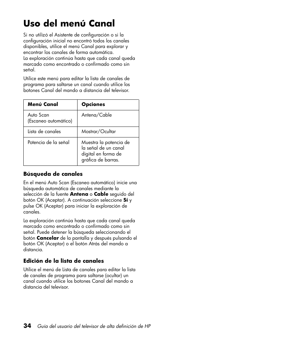 Uso del menú canal | HP LT3700 User Manual | Page 178 / 200