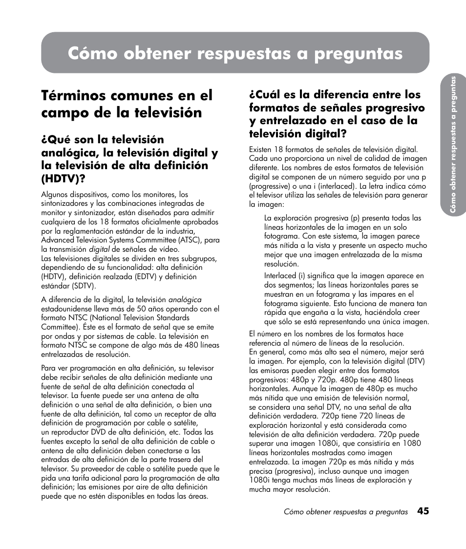 Cómo obtener respuestas a preguntas, Términos comunes en el campo de la televisión | HP LT3700 User Manual | Page 189 / 200