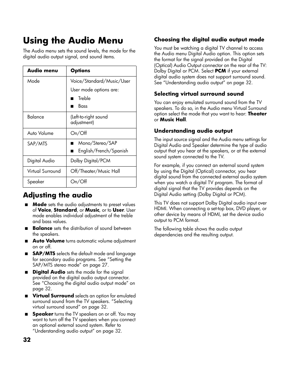 Using the audio menu, Adjusting the audio, Choosing the digital audio output mode” on | E “adjusting the audio” on | HP LT3700 User Manual | Page 42 / 200