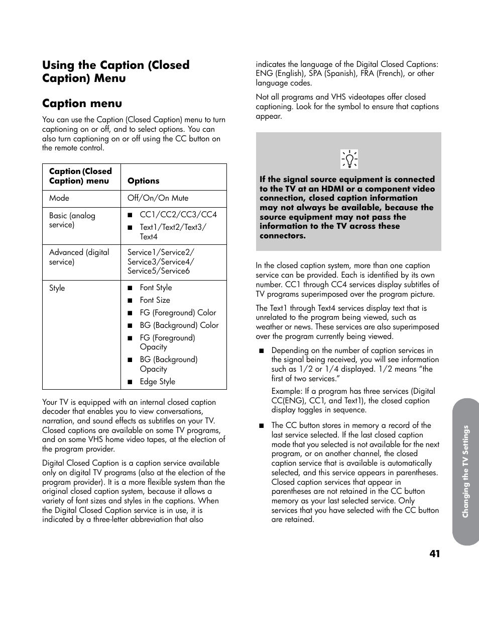 Using the caption (closed caption) menu, Caption menu, E “using the | HP LT3700 User Manual | Page 51 / 200