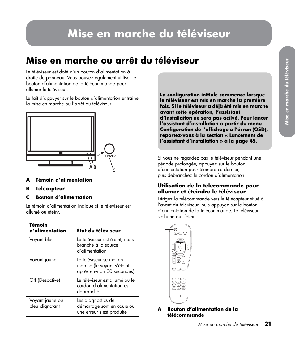 Mise en marche du téléviseur, Mise en marche ou arrêt du téléviseur | HP LT3700 User Manual | Page 97 / 200