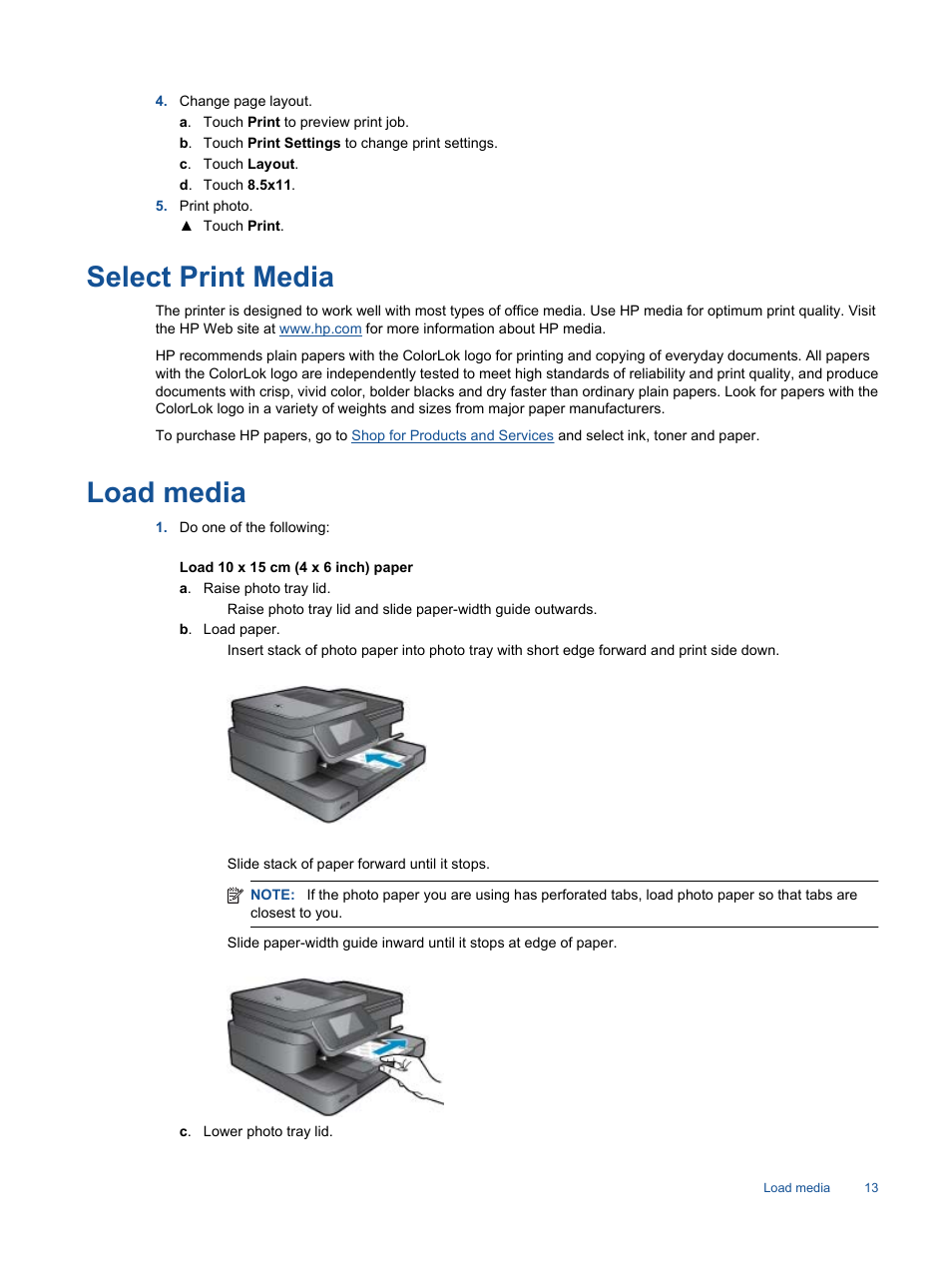 Select print media, Load media, Select print media load media | HP 7510 User Manual | Page 14 / 62