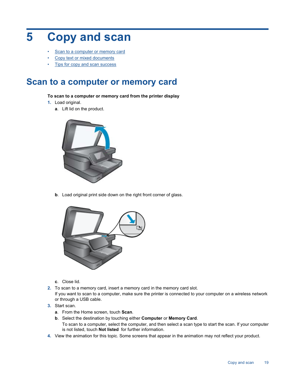 Copy and scan, Scan to a computer or memory card, 5 copy and scan | 5copy and scan | HP 7510 User Manual | Page 20 / 62
