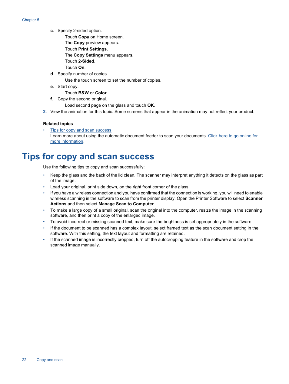 Tips for copy and scan success | HP 7510 User Manual | Page 23 / 62
