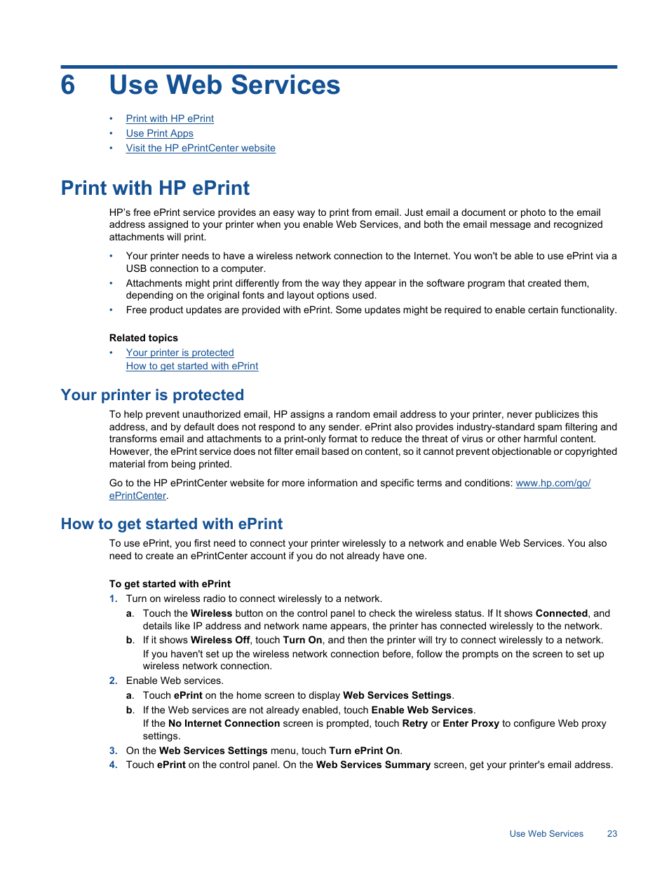 Use web services, Print with hp eprint, Your printer is protected | How to get started with eprint, 6 use web services, 6use web services | HP 7510 User Manual | Page 24 / 62