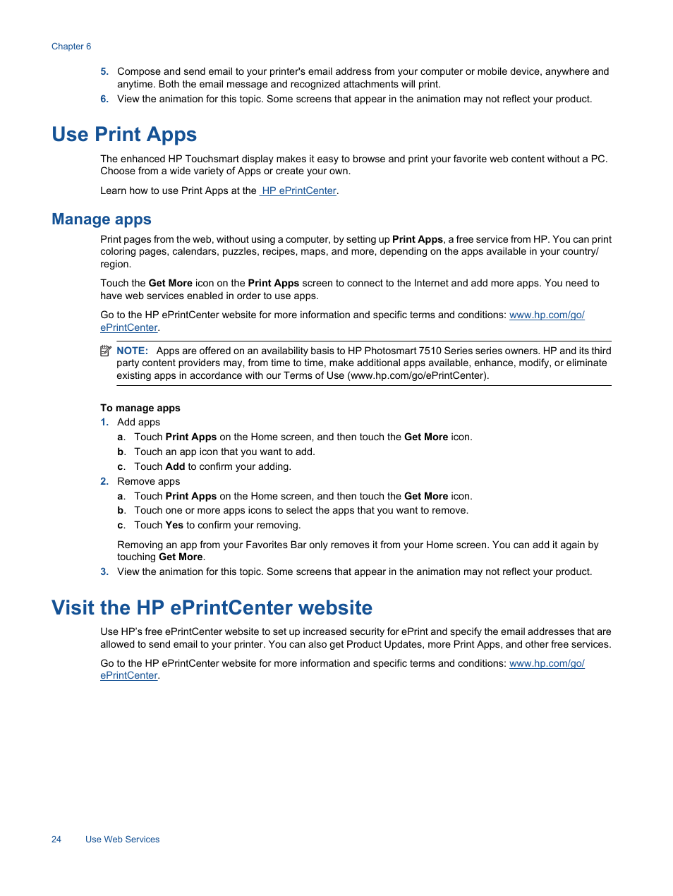 Use print apps, Manage apps, Visit the hp eprintcenter website | Use print apps visit the hp eprintcenter website | HP 7510 User Manual | Page 25 / 62