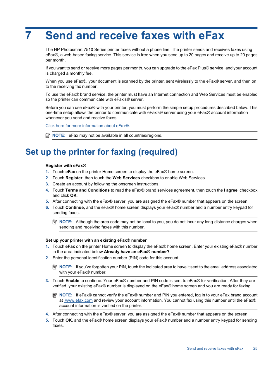 Send and receive faxes with efax, Set up the printer for faxing (required), 7 send and receive faxes with efax | 7send and receive faxes with efax | HP 7510 User Manual | Page 26 / 62