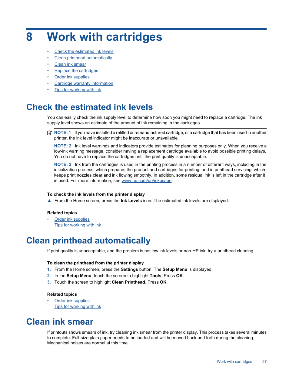 Work with cartridges, Check the estimated ink levels, Clean printhead automatically | Clean ink smear, 8 work with cartridges, 8work with cartridges | HP 7510 User Manual | Page 28 / 62