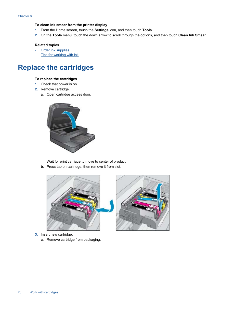 Replace the cartridges | HP 7510 User Manual | Page 29 / 62