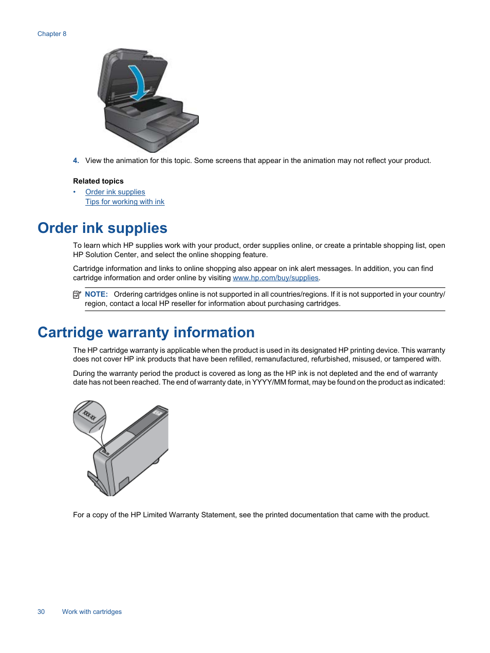 Order ink supplies, Cartridge warranty information, Order ink supplies cartridge warranty information | HP 7510 User Manual | Page 31 / 62