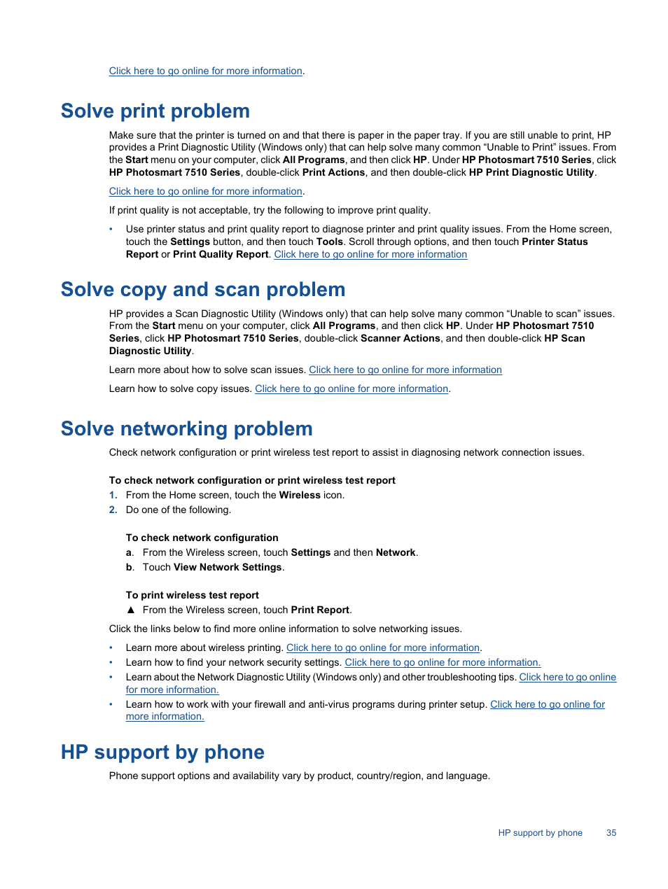 Solve print problem, Solve copy and scan problem, Solve networking problem | Hp support by phone | HP 7510 User Manual | Page 36 / 62