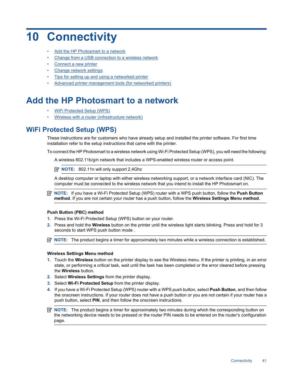 Connectivity, Add the hp photosmart to a network, Wifi protected setup (wps) | 10 connectivity | HP 7510 User Manual | Page 42 / 62