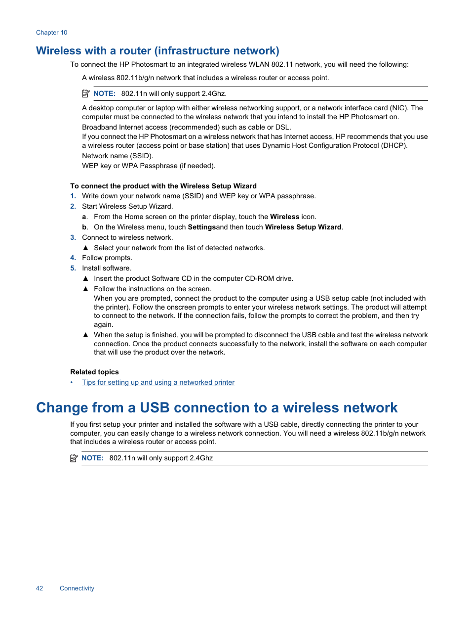 Wireless with a router (infrastructure network), Change from a usb connection to a wireless network | HP 7510 User Manual | Page 43 / 62