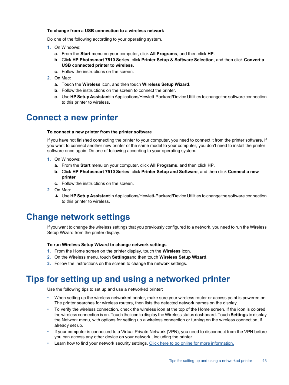 Connect a new printer, Change network settings, Tips for setting up and using a networked printer | HP 7510 User Manual | Page 44 / 62