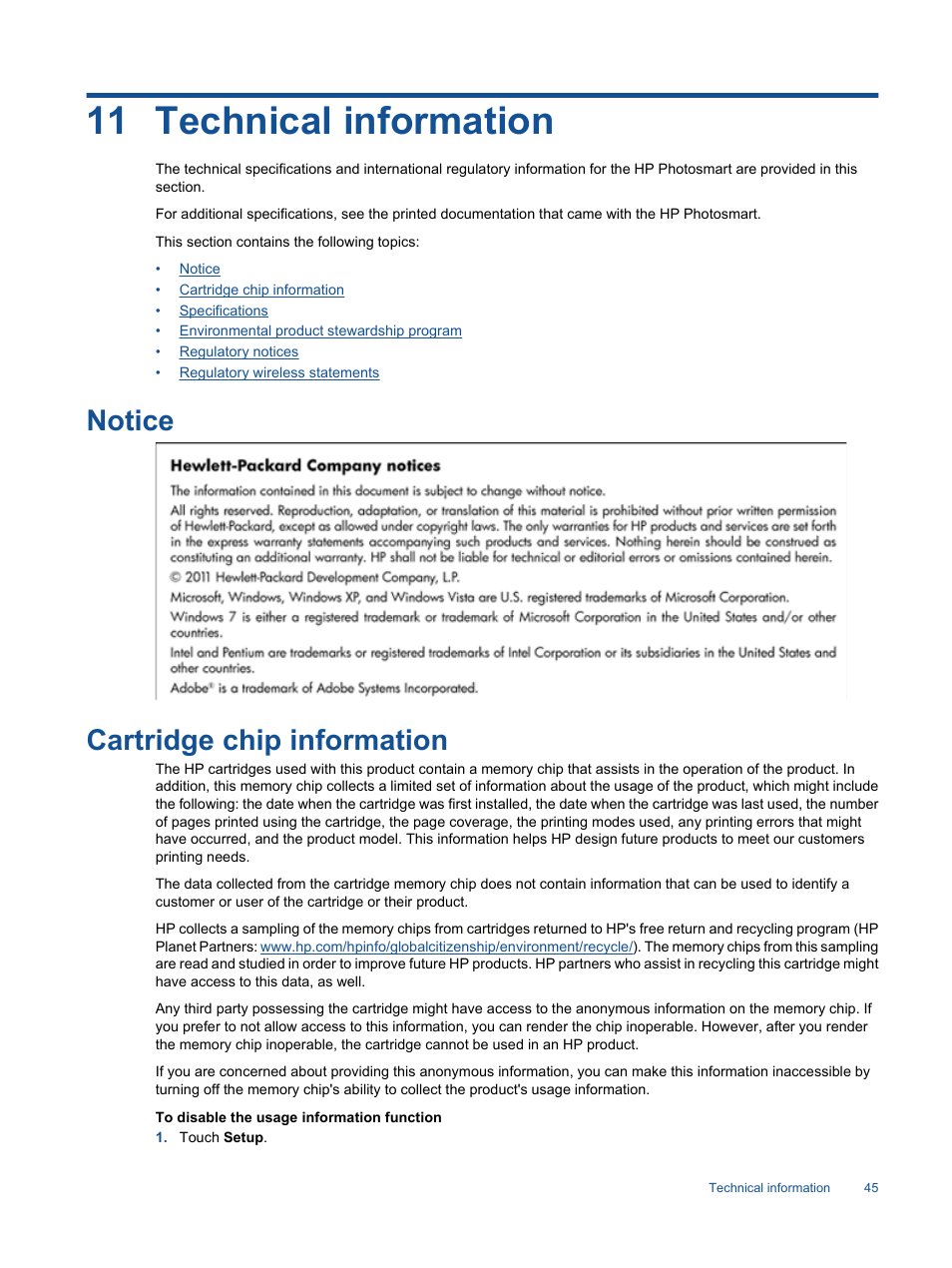 Technical information, Notice, Cartridge chip information | 11 technical information, Notice cartridge chip information | HP 7510 User Manual | Page 46 / 62