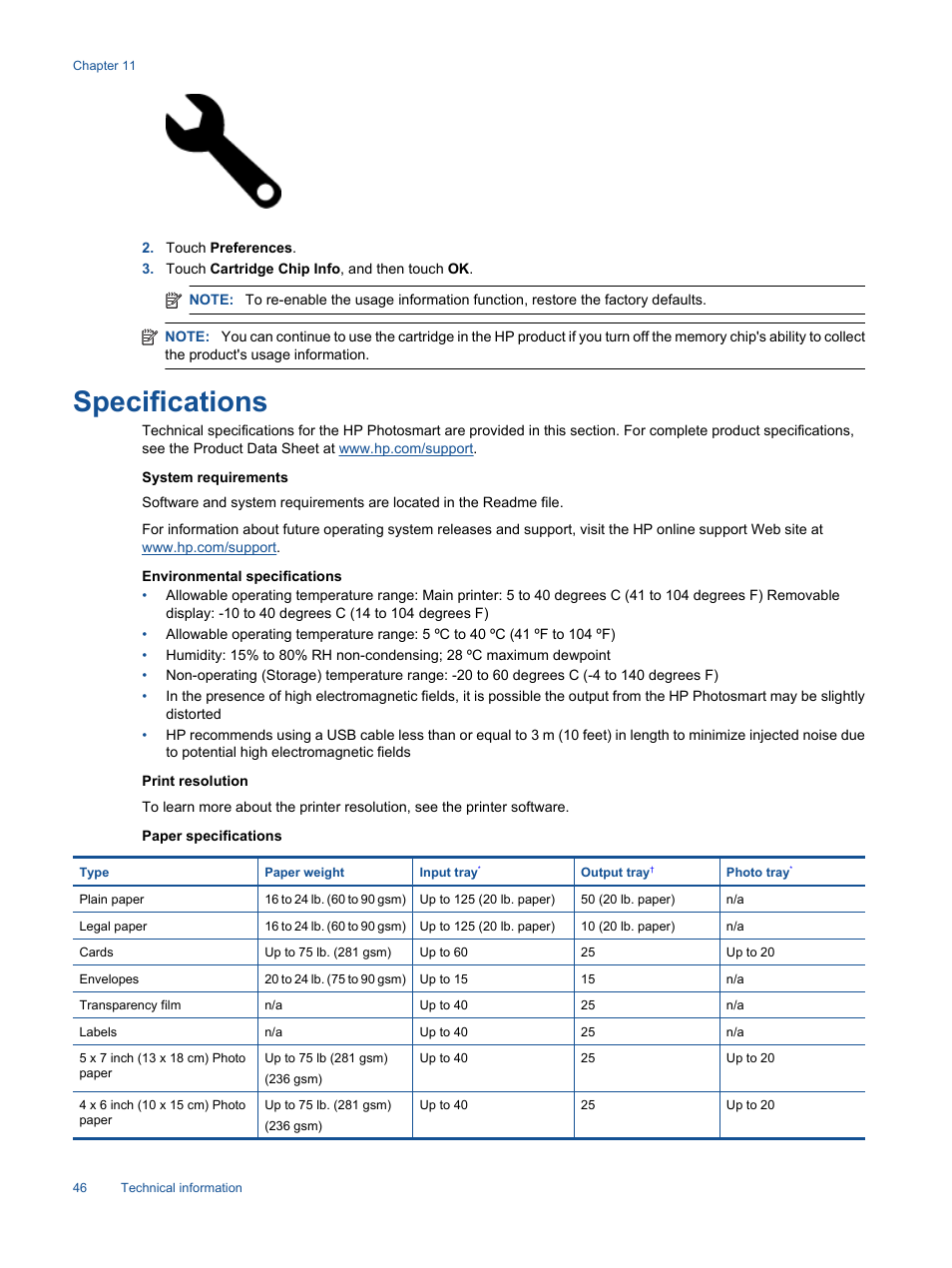 Specifications | HP 7510 User Manual | Page 47 / 62