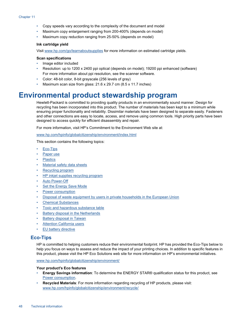 Environmental product stewardship program, Eco-tips | HP 7510 User Manual | Page 49 / 62