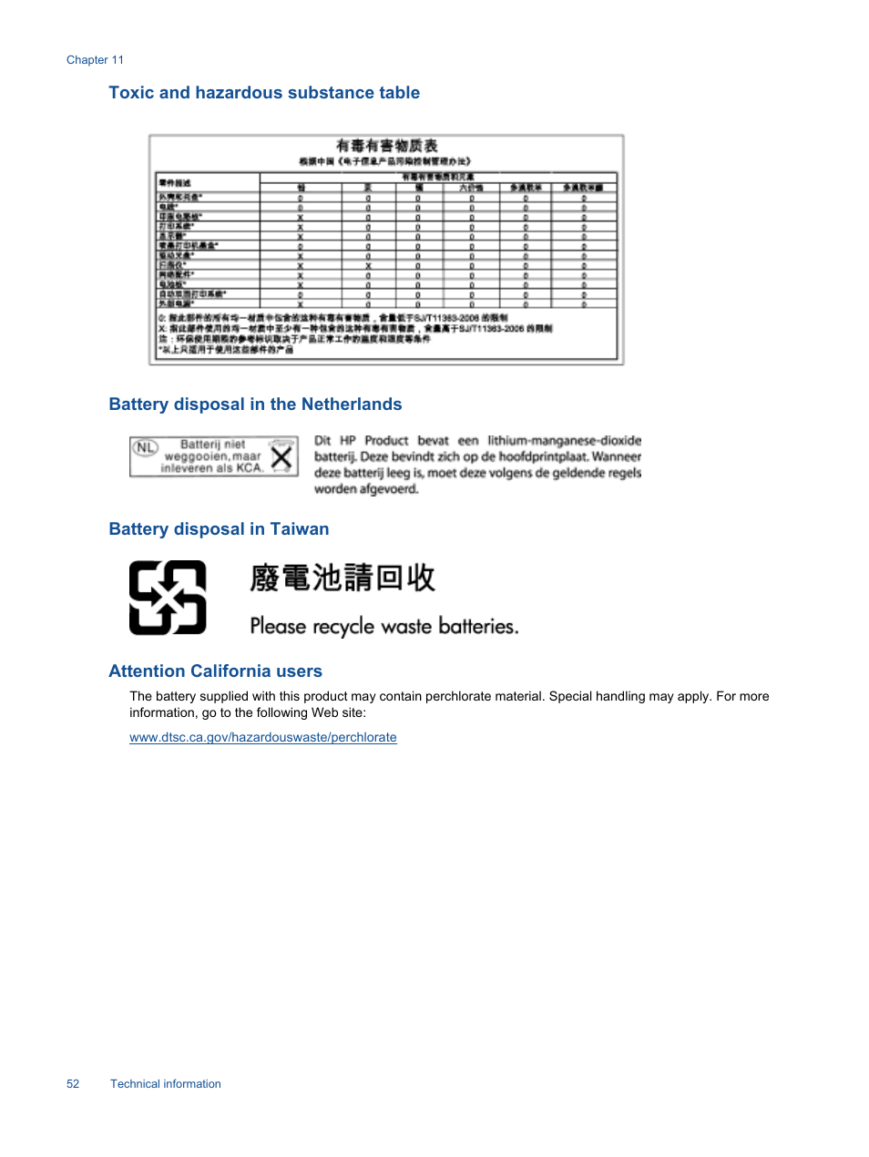 Toxic and hazardous substance table, Battery disposal in the netherlands, Battery disposal in taiwan | Attention california users | HP 7510 User Manual | Page 53 / 62