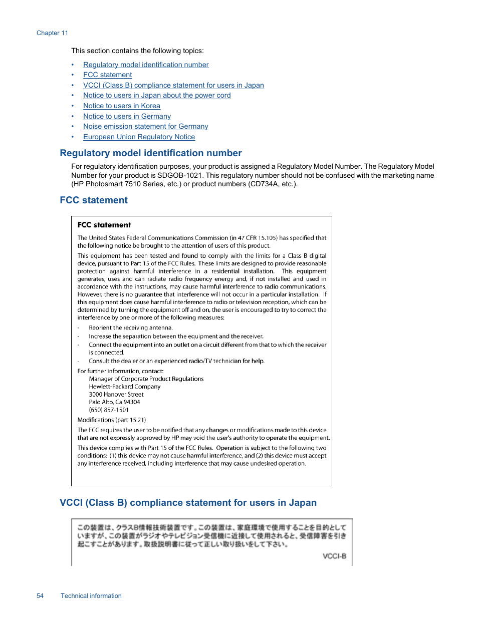 Regulatory model identification number, Fcc statement | HP 7510 User Manual | Page 55 / 62