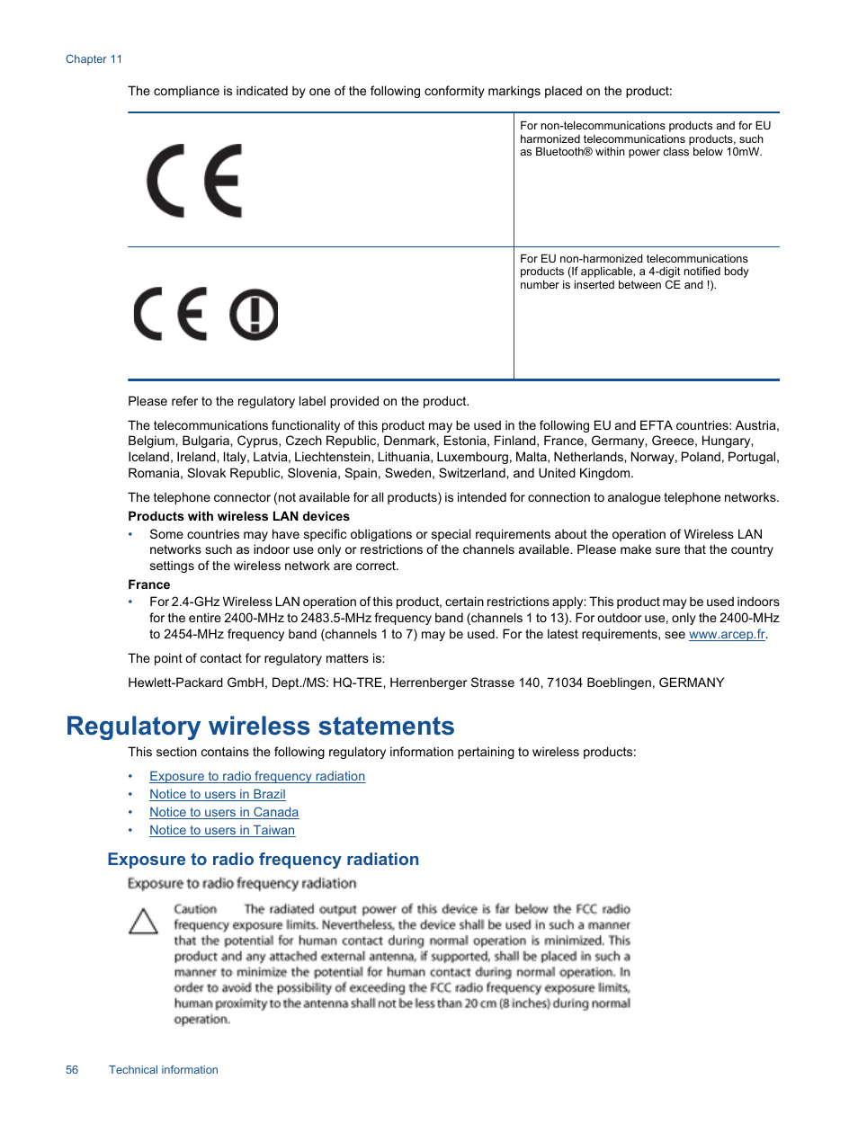 Regulatory wireless statements, Exposure to radio frequency radiation | HP 7510 User Manual | Page 57 / 62