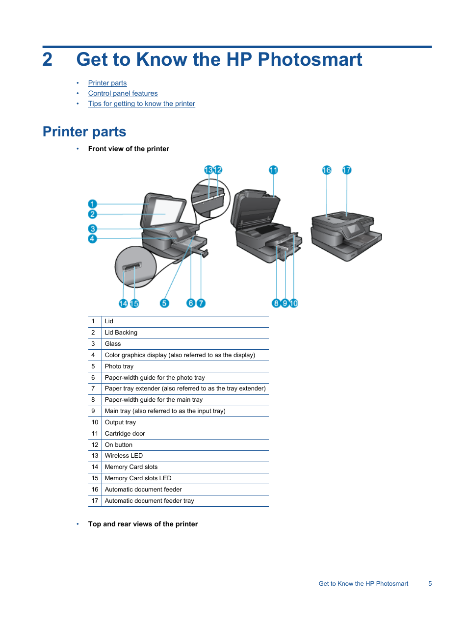 Get to know the hp photosmart, Printer parts, 2 get to know the hp photosmart | 2get to know the hp photosmart | HP 7510 User Manual | Page 6 / 62