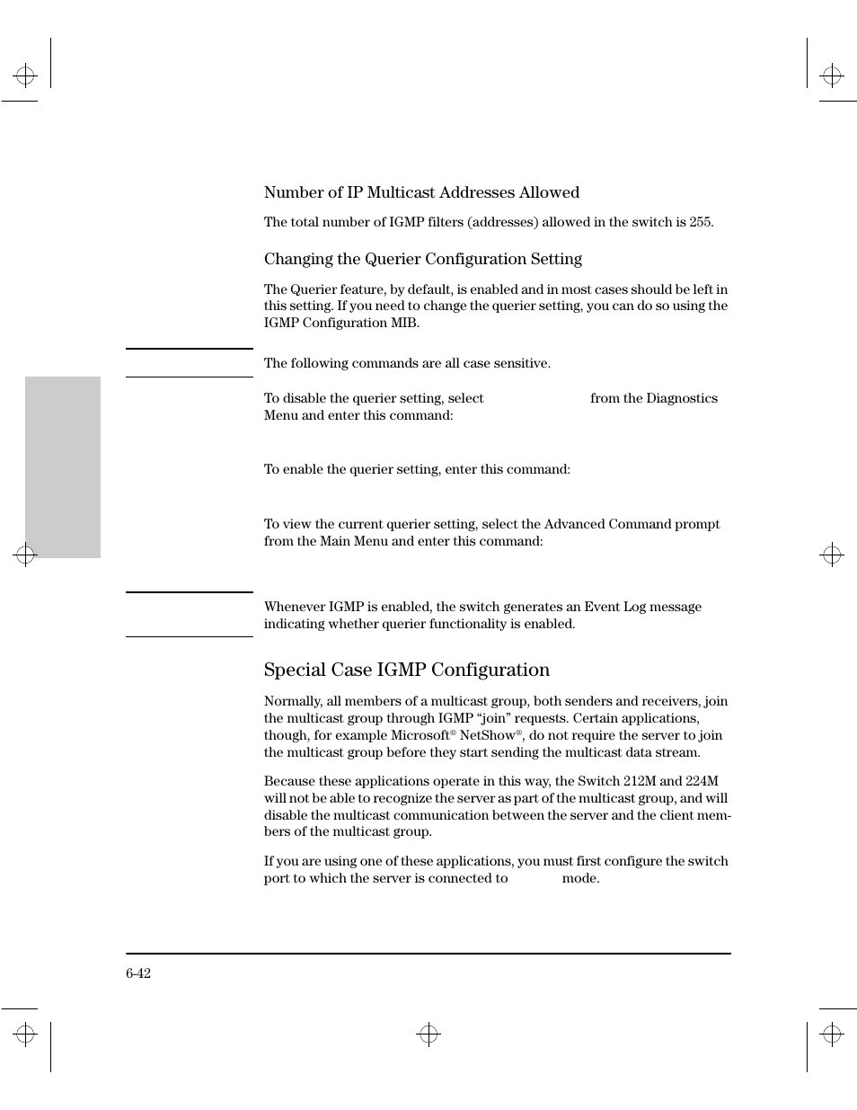 Number of ip multicast addresses allowed, Changing the querier configuration setting, Special case igmp configuration | Special case igmp configuration -42 | HP 212M User Manual | Page 106 / 166