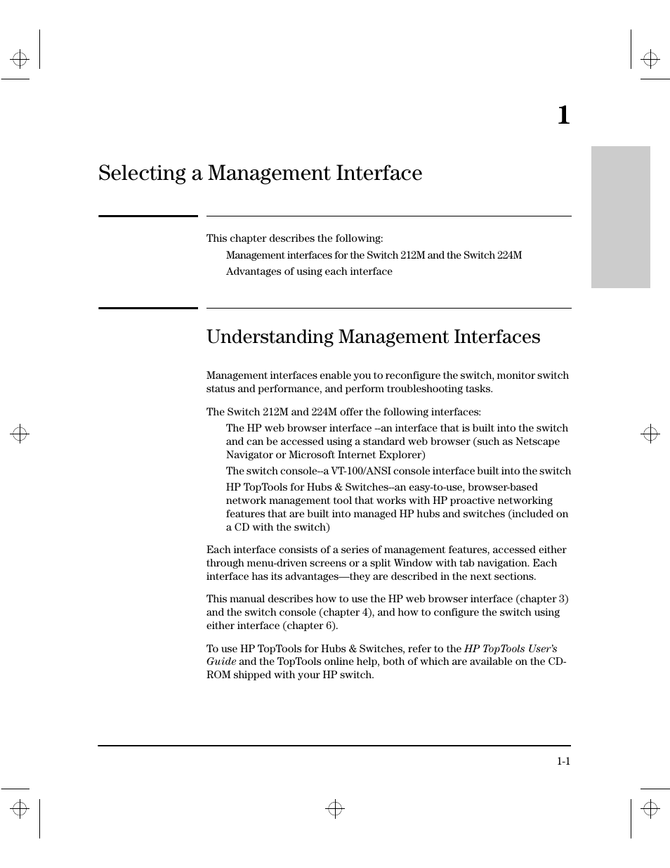 Chapter 1: selecting a management interface, Understanding management interfaces, 1 selecting a management interface | Selecting a management interface | HP 212M User Manual | Page 11 / 166