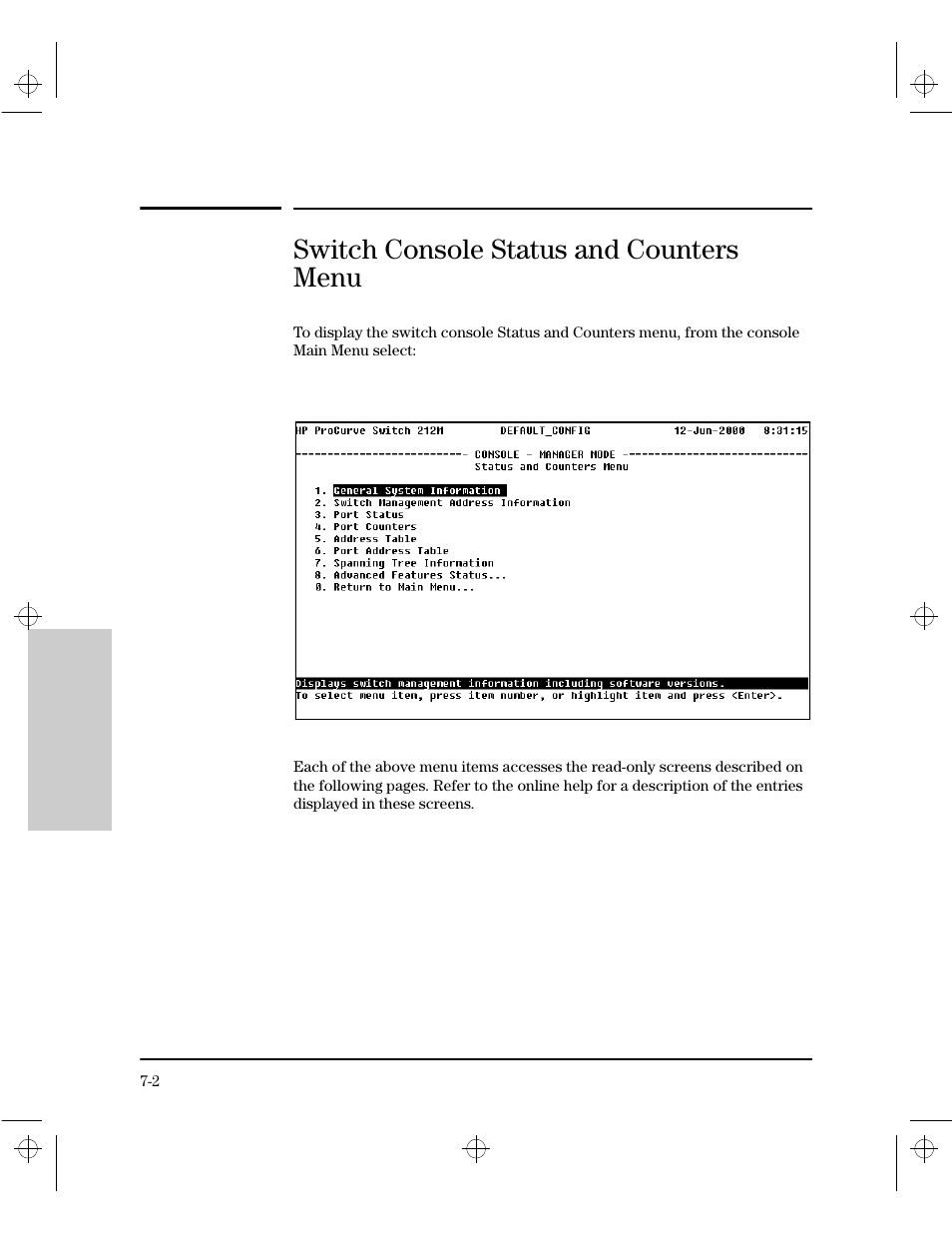 Switch console status and counters menu | HP 212M User Manual | Page 110 / 166