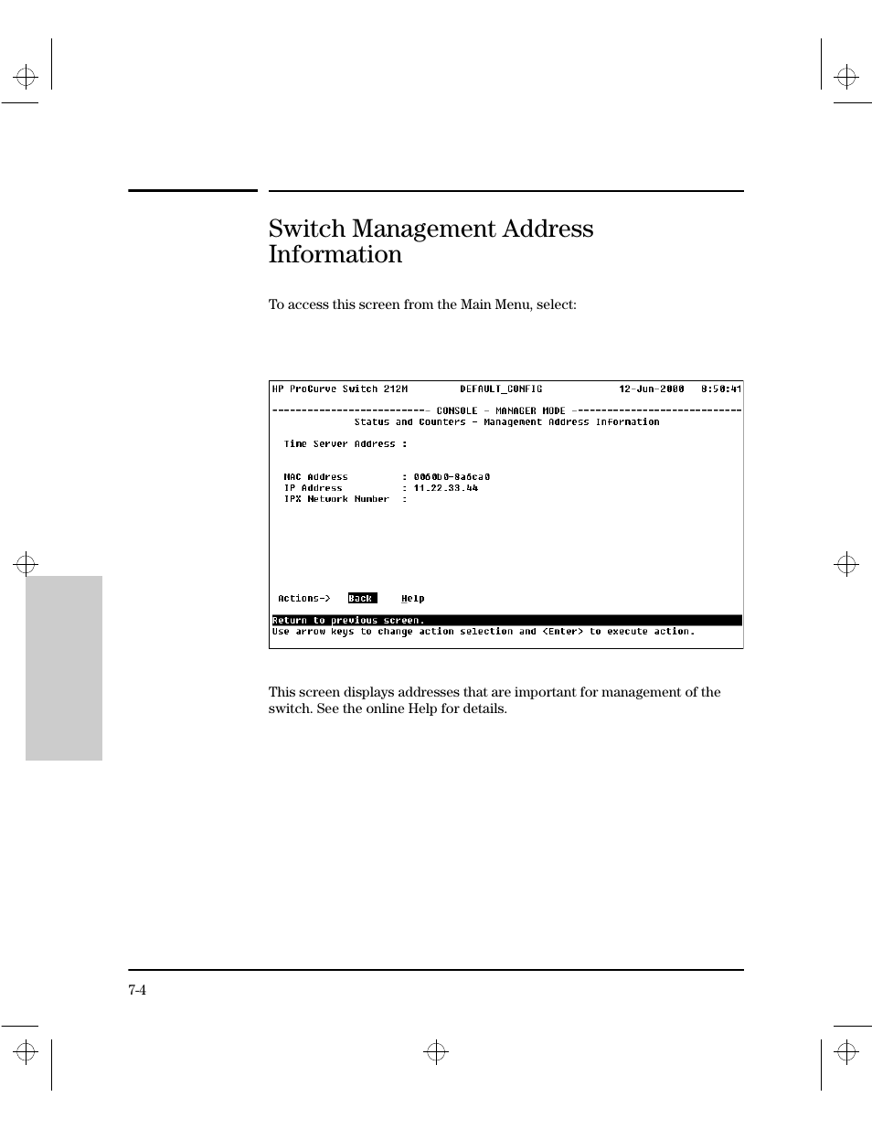 Switch management address information | HP 212M User Manual | Page 112 / 166