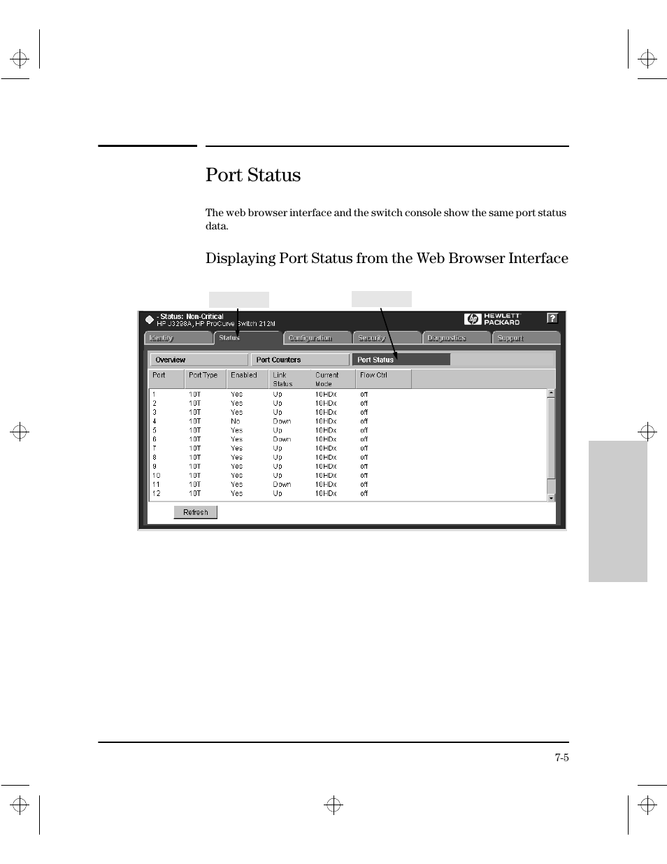 Port status, Displaying port status from the web browser interf | HP 212M User Manual | Page 113 / 166