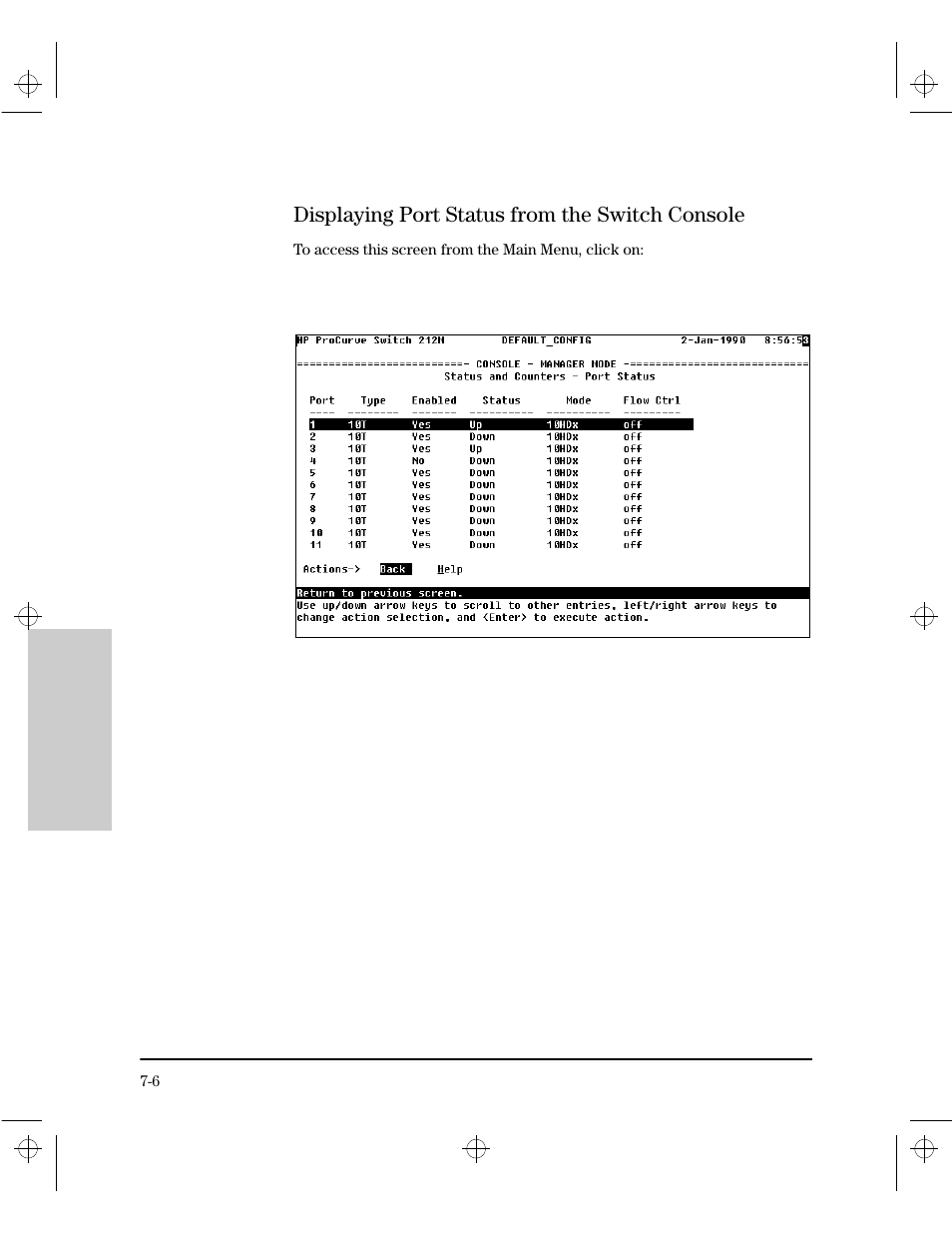 Displaying port status from the switch console | HP 212M User Manual | Page 114 / 166