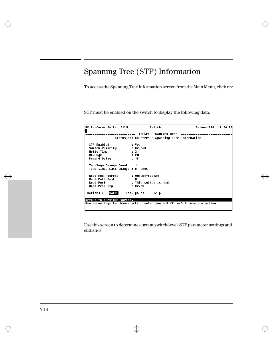 Spanning tree (stp) information | HP 212M User Manual | Page 122 / 166