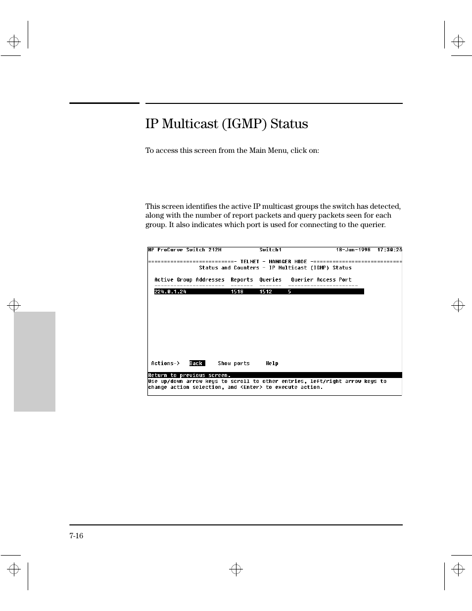 Ip multicast (igmp) status | HP 212M User Manual | Page 124 / 166