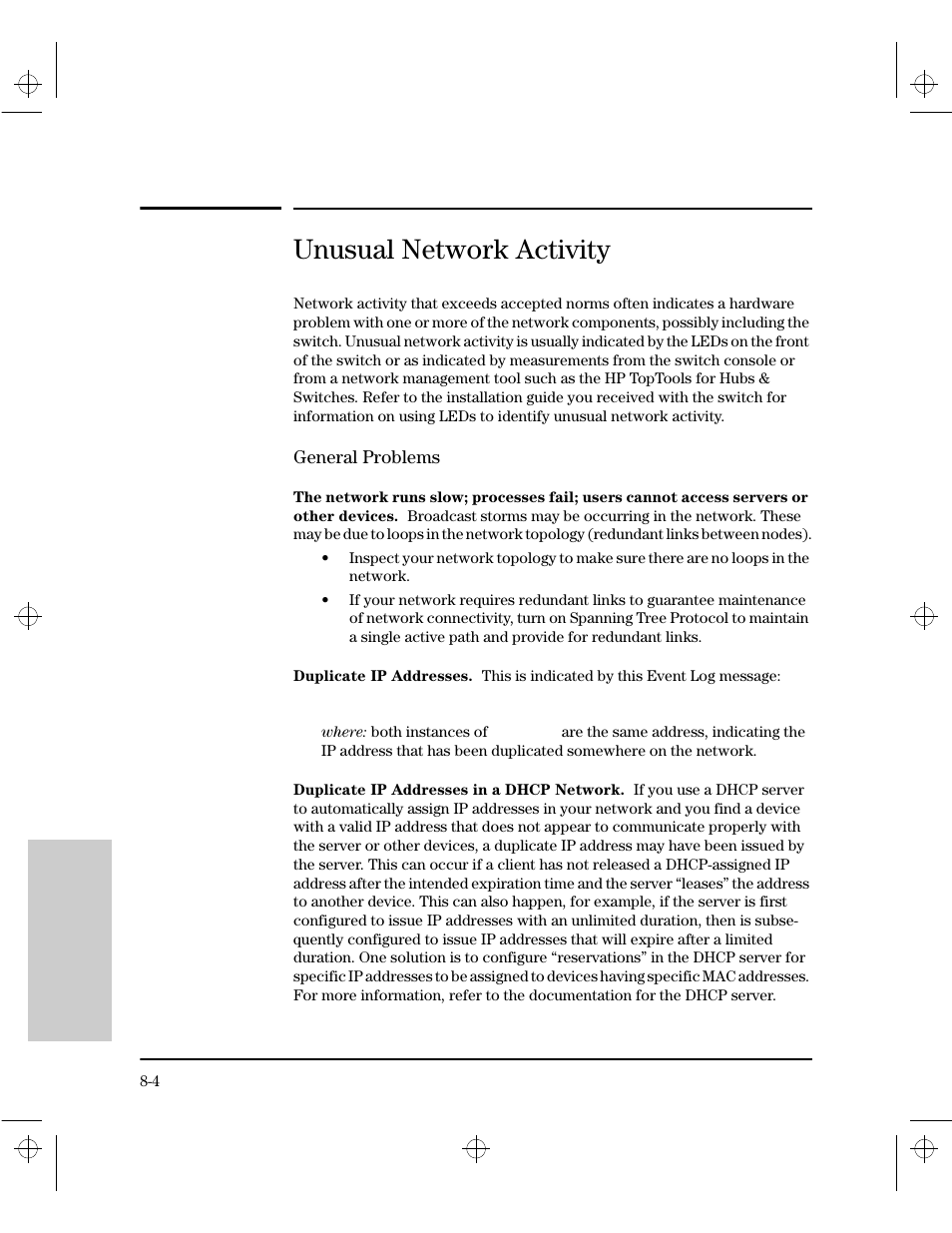 Unusual network activity, General problems, The network runs slow; processes fail; users canno | Duplicate ip addresses, Duplicate ip addresses in a dhcp network | HP 212M User Manual | Page 130 / 166