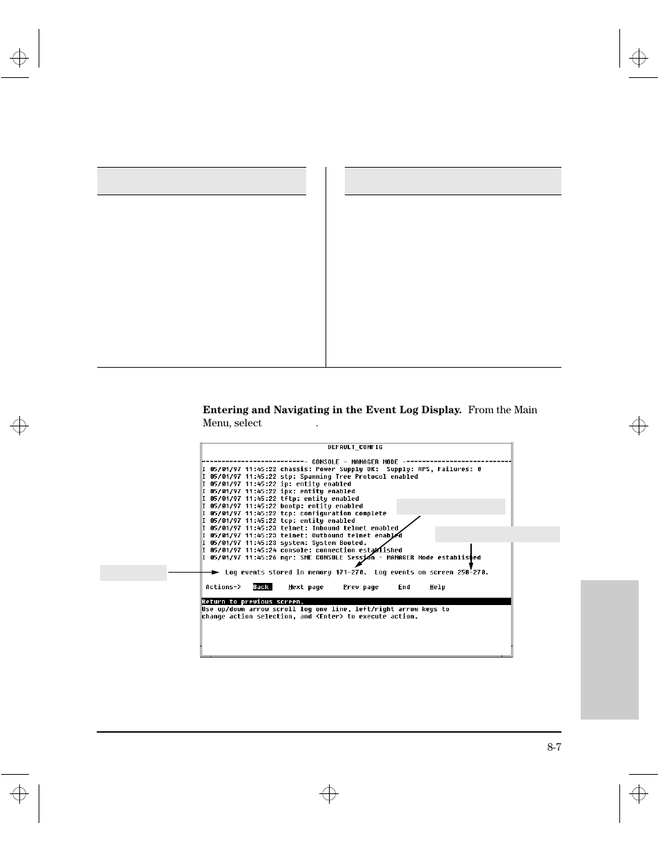Entering and navigating in the event log display | HP 212M User Manual | Page 133 / 166