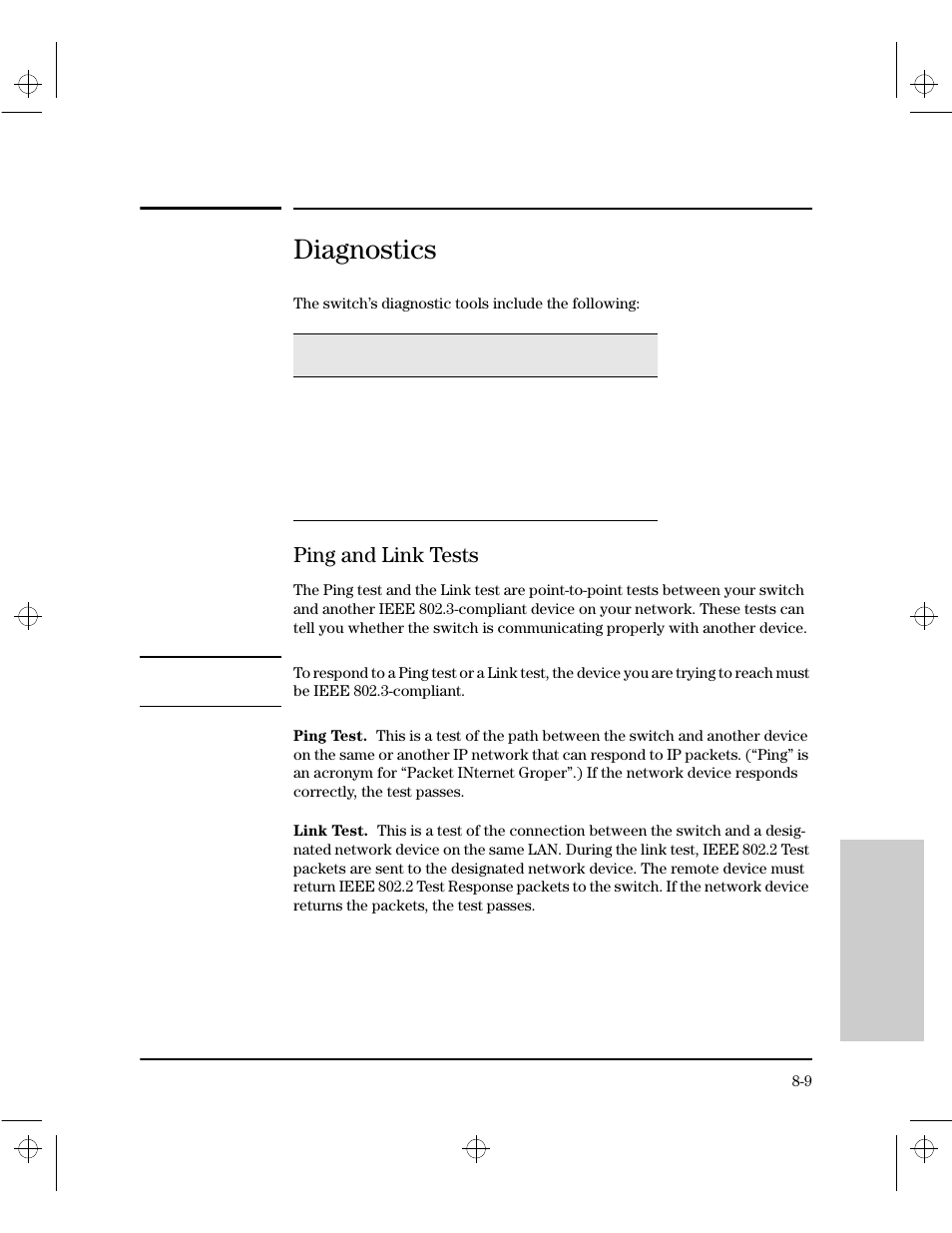 Diagnostics, Ping and link tests, Ping test | Link test, Ping and link tests -9 | HP 212M User Manual | Page 135 / 166