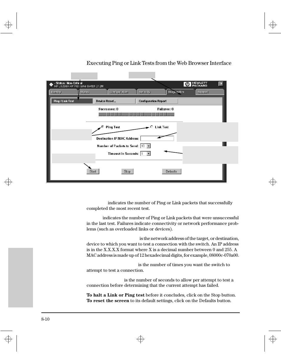 Executing ping or link tests from the web browser | HP 212M User Manual | Page 136 / 166
