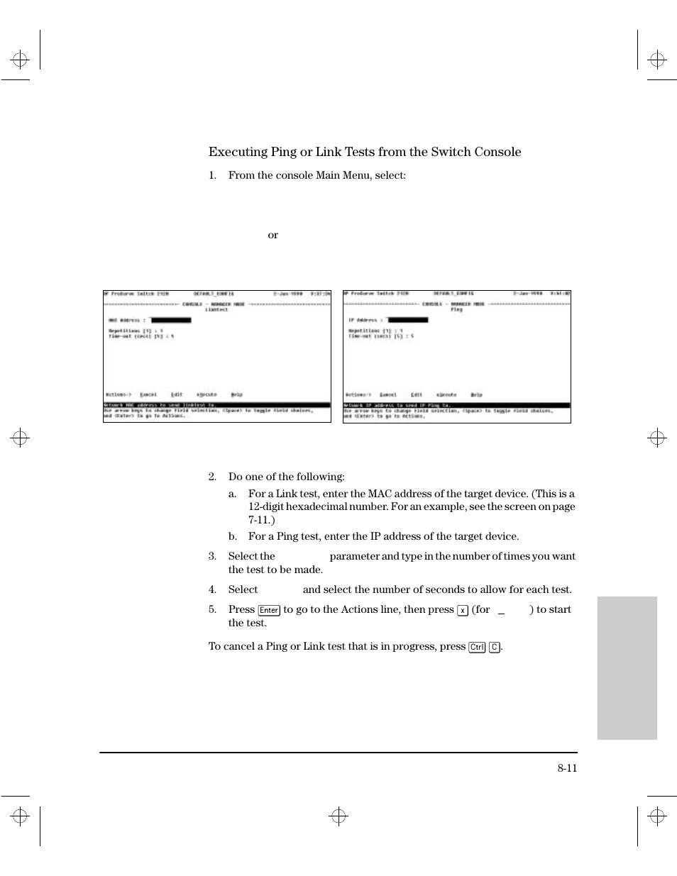 Executing ping or link tests from the switch conso | HP 212M User Manual | Page 137 / 166