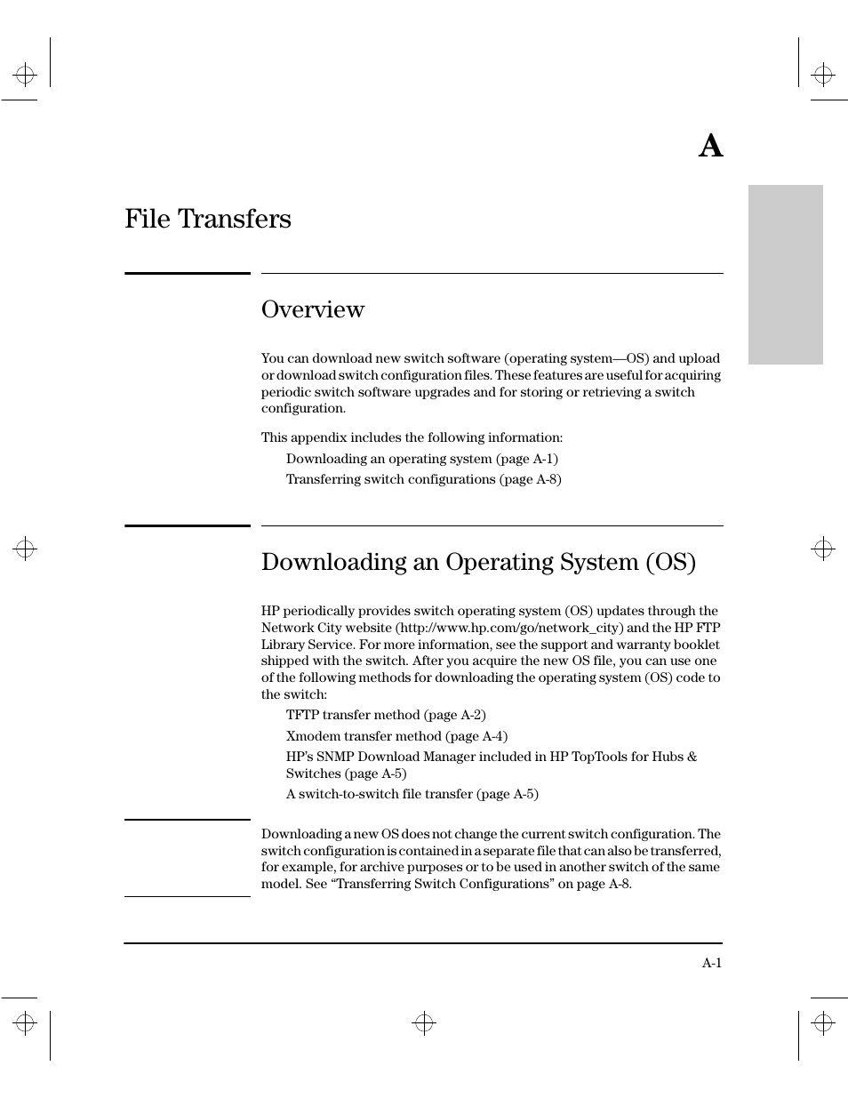 Appendix a: file transfers, Overview, Downloading an operating system (os) | A file transfers, File transfers | HP 212M User Manual | Page 143 / 166