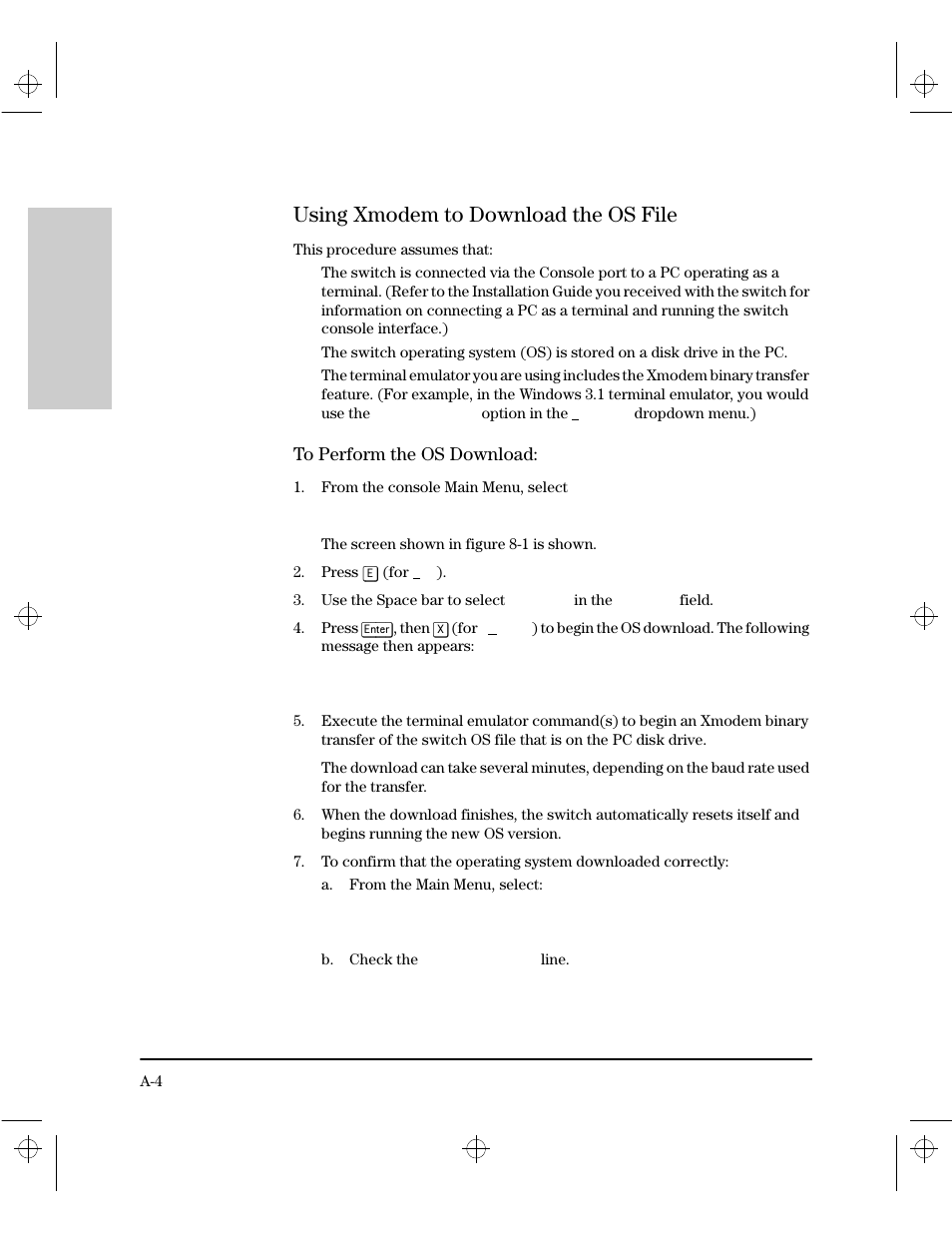 Using xmodem to download the os file, To perform the os download | HP 212M User Manual | Page 146 / 166