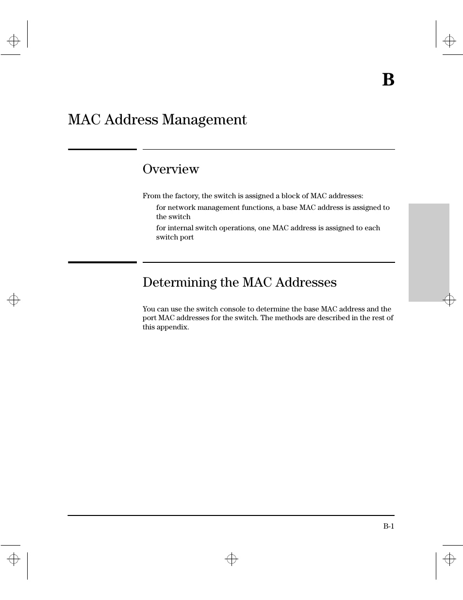 Appendix b: mac address management, Overview, Determining the mac addresses | B mac address management, Mac address management | HP 212M User Manual | Page 153 / 166