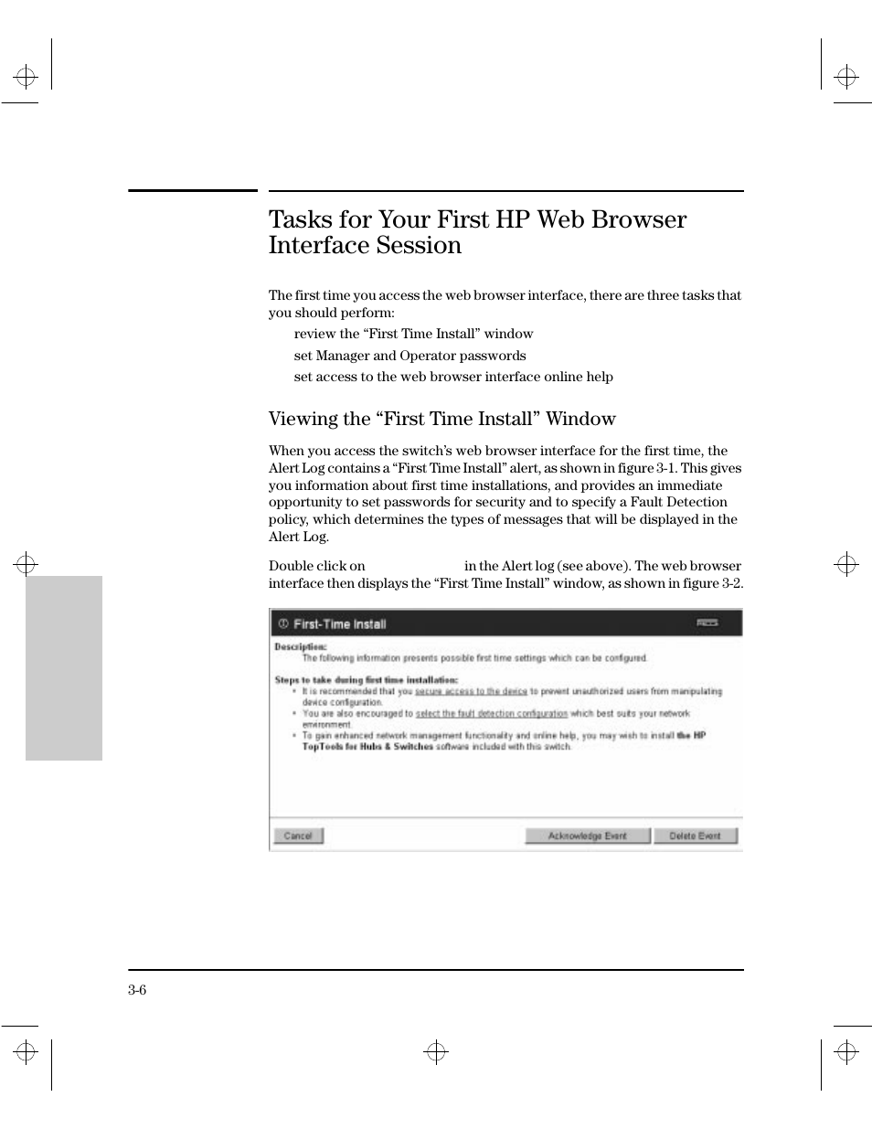 Tasks for your first hp web browser interface sess, Viewing the “first time install” window, Viewing the “first time install” window -6 | HP 212M User Manual | Page 26 / 166