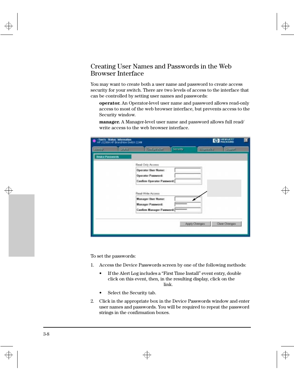 Creating user names and passwords in the web brows | HP 212M User Manual | Page 28 / 166