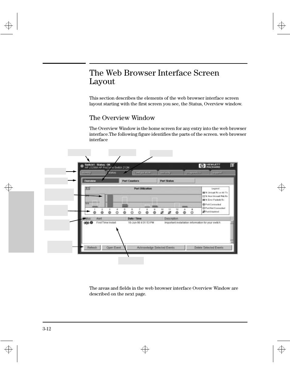The web browser interface screen layout, The overview window, The overview window -12 | HP 212M User Manual | Page 32 / 166