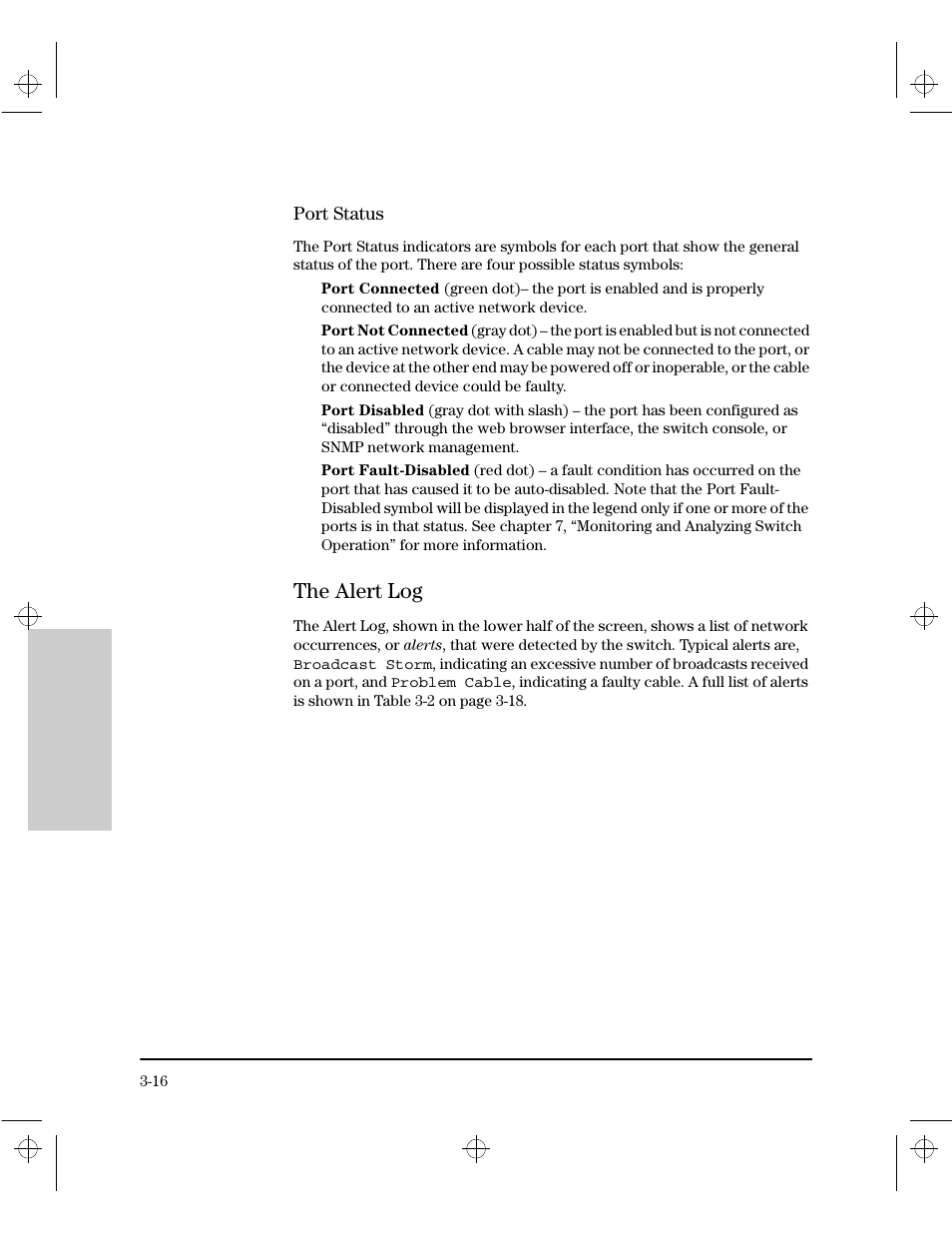 Port status, The alert log, The alert log -16 | HP 212M User Manual | Page 36 / 166