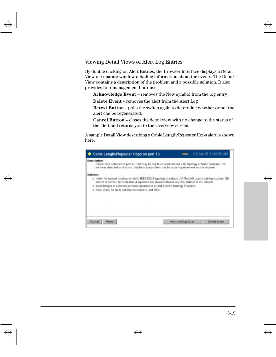 Viewing detail views of alert log entries | HP 212M User Manual | Page 39 / 166