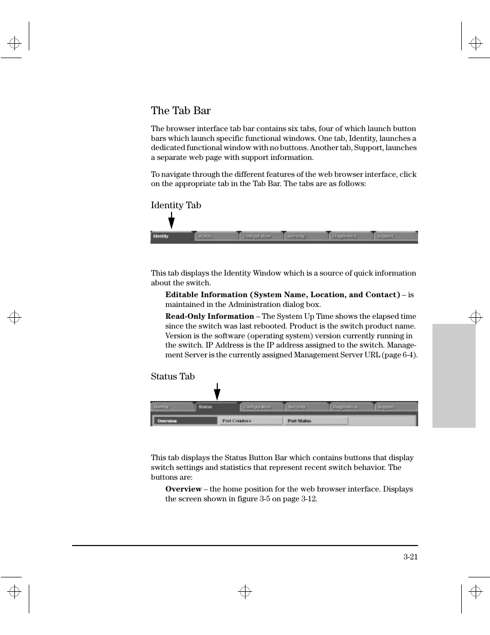 The tab bar, Identity tab, Status tab | The tab bar -21 | HP 212M User Manual | Page 41 / 166