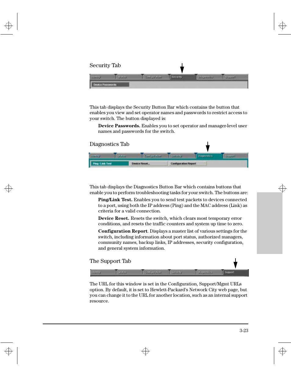 Security tab, Diagnostics tab, The support tab | HP 212M User Manual | Page 43 / 166